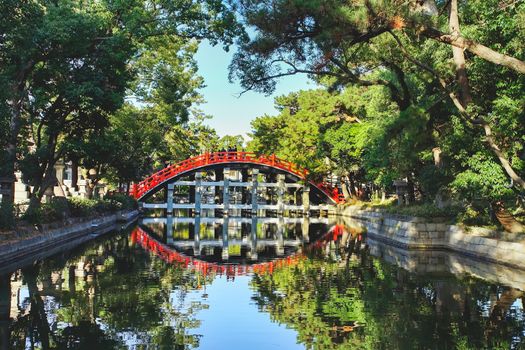 Osaka, Japan - December 15, 2019 : Beatiful Sorihashi bridge of Sumiyoshi Taisha Shrine, this is the famous travel destinations of Osaka city.