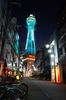 Osaka, Japan - December 15, 2019 : The famous Tsutenkaku Tower of Osaka city, this is the travel destinations of Shinsekai district, Osaka city in Kansai area of Japan.