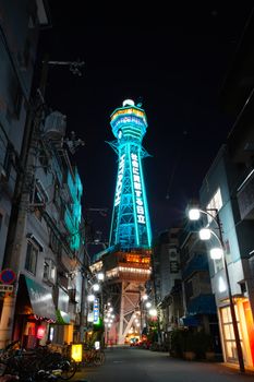 Osaka, Japan - December 15, 2019 : The famous Tsutenkaku Tower of Osaka city, this is the travel destinations of Shinsekai district, Osaka city in Kansai area of Japan.