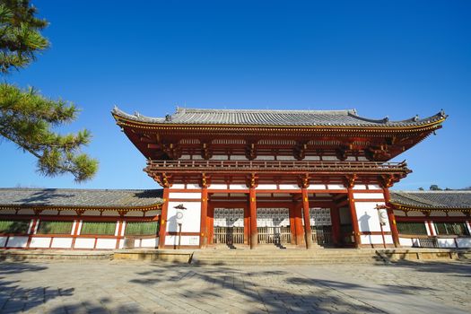 Beautiful scene of the second Wooden gate Of Todaiji Temple, this is the most famous travel destinations of Nara city in Kansai area of Japan and this place has a lot of deers in the park.