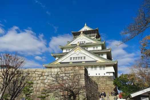 Osaka, Japan - December 15, 2019 : Beautiful scene in the park of Osaka Castle in Osaka City, Japan.