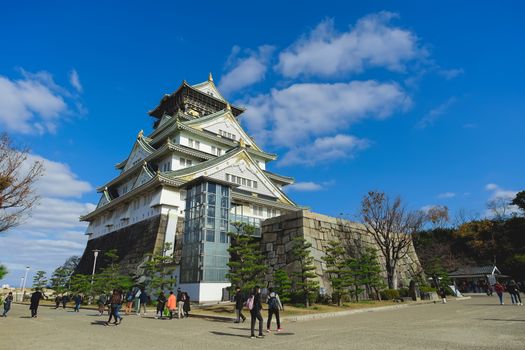 Osaka, Japan - December 15, 2019 : Beautiful scene in the park of Osaka Castle in Osaka City, Japan.