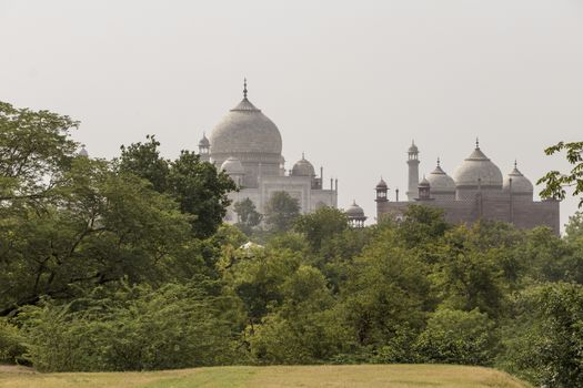 View of the Taj Mahal from Taj Nature Walk Park at Agra, Uttar Pradesh, India.
