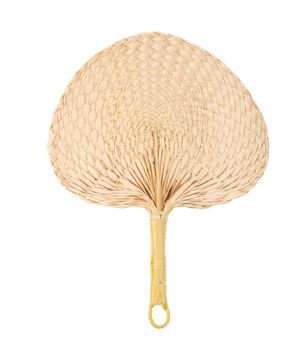 Weave fan made of dried palm leaf plant isolated on white background, Save clipping path. The Green product eco friendly concept.