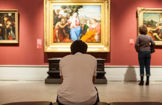 09 November 2012 Russia, Moscow A young man looks at a picture in one of the halls of the Pushkin Museum of Fine Arts in Moscow.