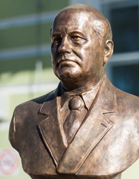 September 23, 2017 Moscow Russia Bust of the USSR President Mikhail Gorbachev made by Zurab Tsereteli on the Rulers Alley in Moscow.