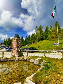 SAPPADA, ITALY - AUGUST 16, 2020 - Sorgenti del Piave, Piave river spring on the top of the dolomite mountains.