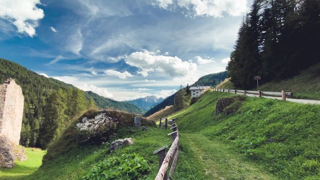 Beautiful view of Andraz Castle in the Italian Alps.