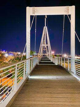 RIMINI, ITALY - AUGUST 26, 2020: Night view of city port and bridge.