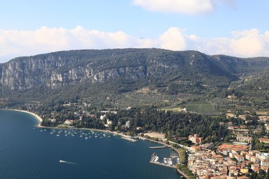 An aerial view from Rocca across the town of Garda.  Garda is a town on the edge of Lake Garda in North East Italy and Rocca is a large hill overlooking the town.