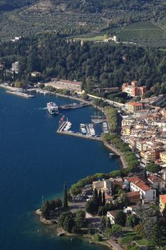 An aerial view from Rocca across the town of Garda.  Garda is a town on the edge of Lake Garda in North East Italy and Rocca is a large hill overlooking the town.