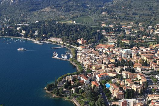 An aerial view from Rocca across the town of Garda.  Garda is a town on the edge of Lake Garda in North East Italy and Rocca is a large hill overlooking the town.