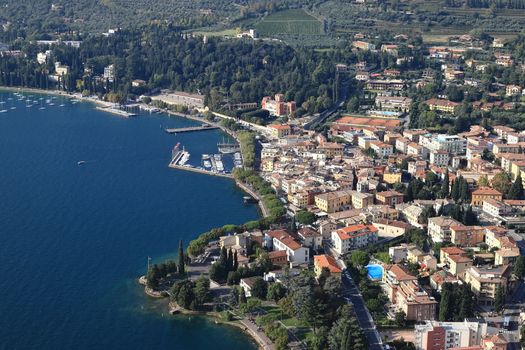 An aerial view from Rocca across the town of Garda.  Garda is a town on the edge of Lake Garda in North East Italy and Rocca is a large hill overlooking the town.