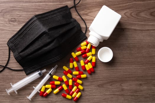 Protective medical mask and pills, Concept of corona virus protection