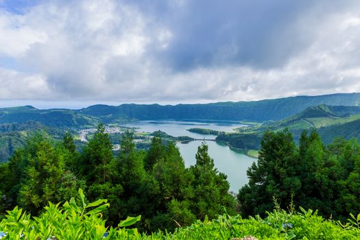 Picturesque view of the Lake of Sete Cidades, a volcanic crater lake on Sao Miguel island, Azores, Portugal