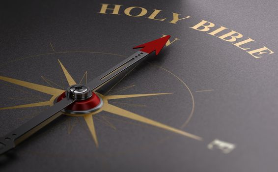 3D illustration of a compass pointing the text holy bibble. Catholic practices concept.