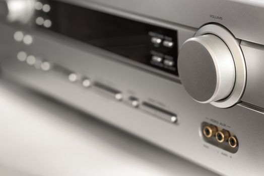 Hifi system amplifier. Home musical equipment closeup. Entertainment home system