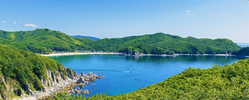 Bay and mountains. Large bay on the mountainous coast