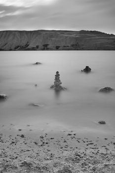 Rock cairn along the shore of Fremont Lake near Pinedale, Wyoming.