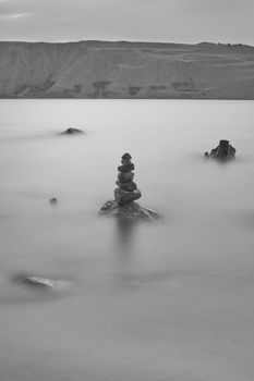 Rock cairn along the shore of Fremont Lake near Pinedale, Wyoming.