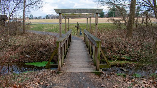 An Old Wooden Bridge Crossing a Small Creek in an Autumn Forest