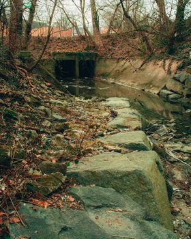 A Dark and Spooky TUnnel in a Shallow Creek in an Autumn Forest