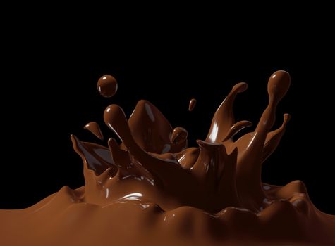 Chocolate splash isolated on black background 3d render