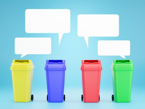 Set of colored bins to separate each type of waste for easier recycling. Realistic trash can of various colors and blank text boxes. Concept of saving the world by properly littering. 3D rendering.