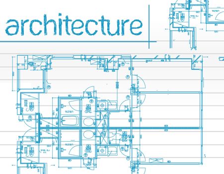 Illustration of architecture Blueprints over notepaper.