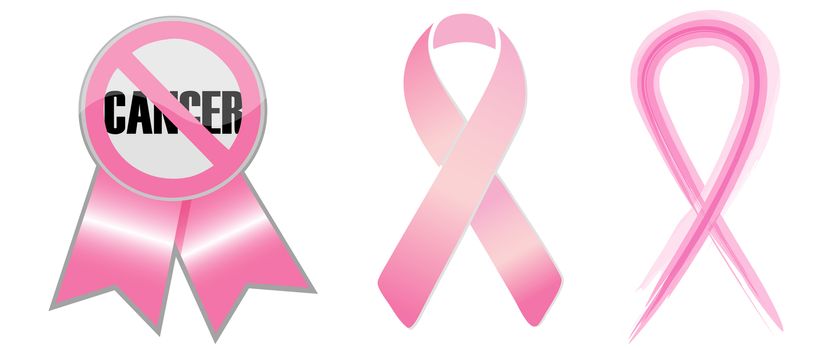 Illustration of various pink ribbons signifying breast cancer awareness.