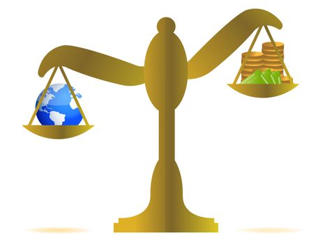 earth and money on a balance over white background