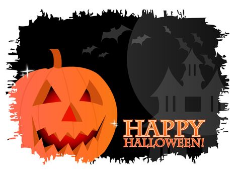 Happy halloween card with a pumpkin over a black background with vampires.