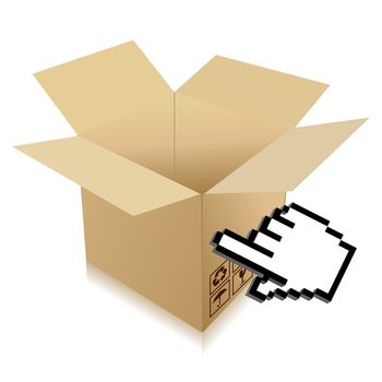 Hand Cursor and shipping box illustration over white