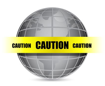 Silver globe caution yellow sign over white