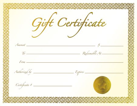 Gold Gift Certificate with golden seal and design border.