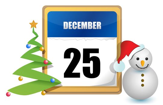 december 25 calendar tree and snowman illustration design