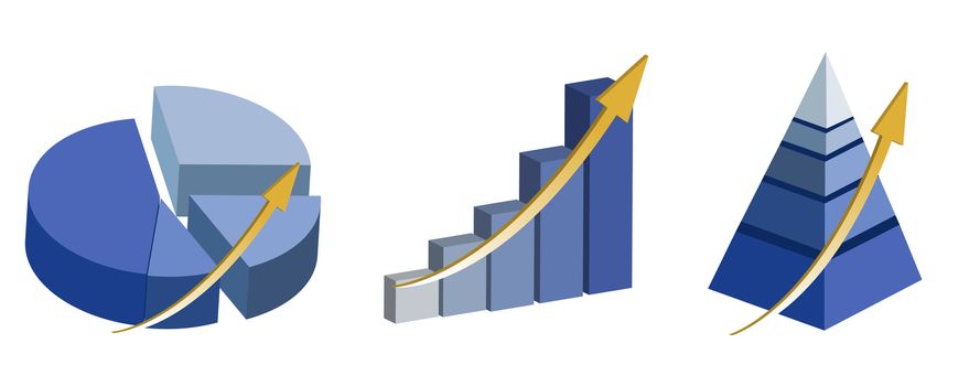 Illustration of Raising pie, pyramid and bar charts. isolated over a white background. / Raising charts