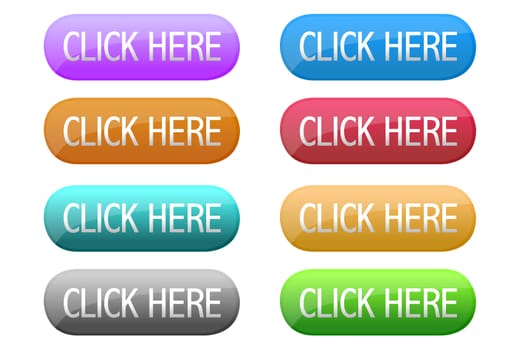 Click here web button in different colors isolated over a white background.