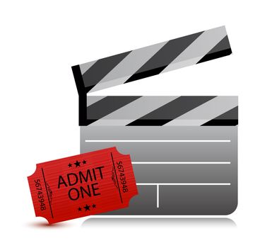 movie clapper board and movie tickets on white