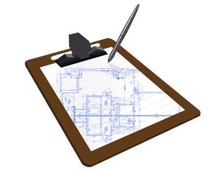 Clipboard with a blueprint sketch over a white background