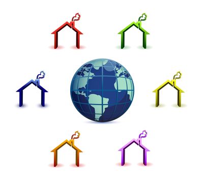 colored houses around earth on white background