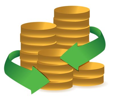 Stacks of coins with arrows illustration design over white