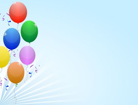 Multicolored balloon frame with ribbon and confetti on a light blue background