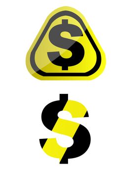 Dollar icons and warring signs over a white background.