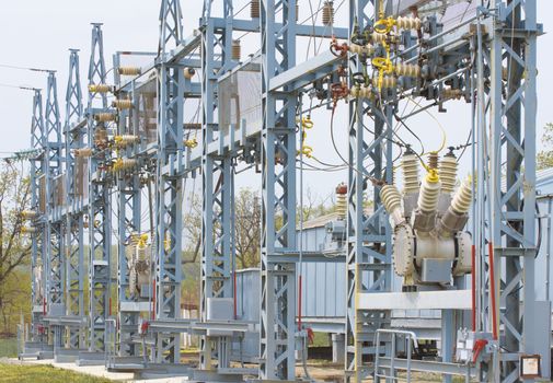 Electrical Substation. High voltage power transformer and equipment