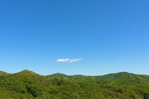 Summer mountains and blue sky landscape. Green mountains