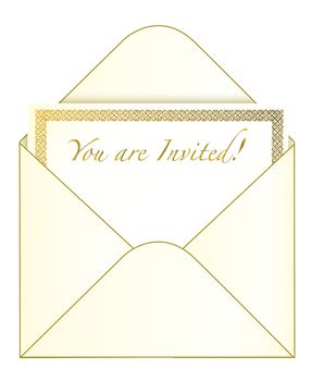 Envelope and golden invitation isolated over a white background