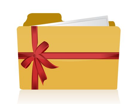 Yellow folder with red ribbon and bow over white