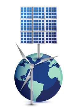 Miniature Globe with Windmill and Solar Panels on white background