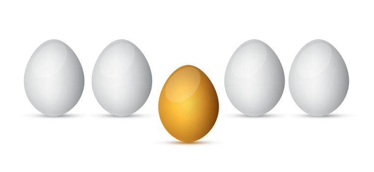 Row of white eggs with golden one